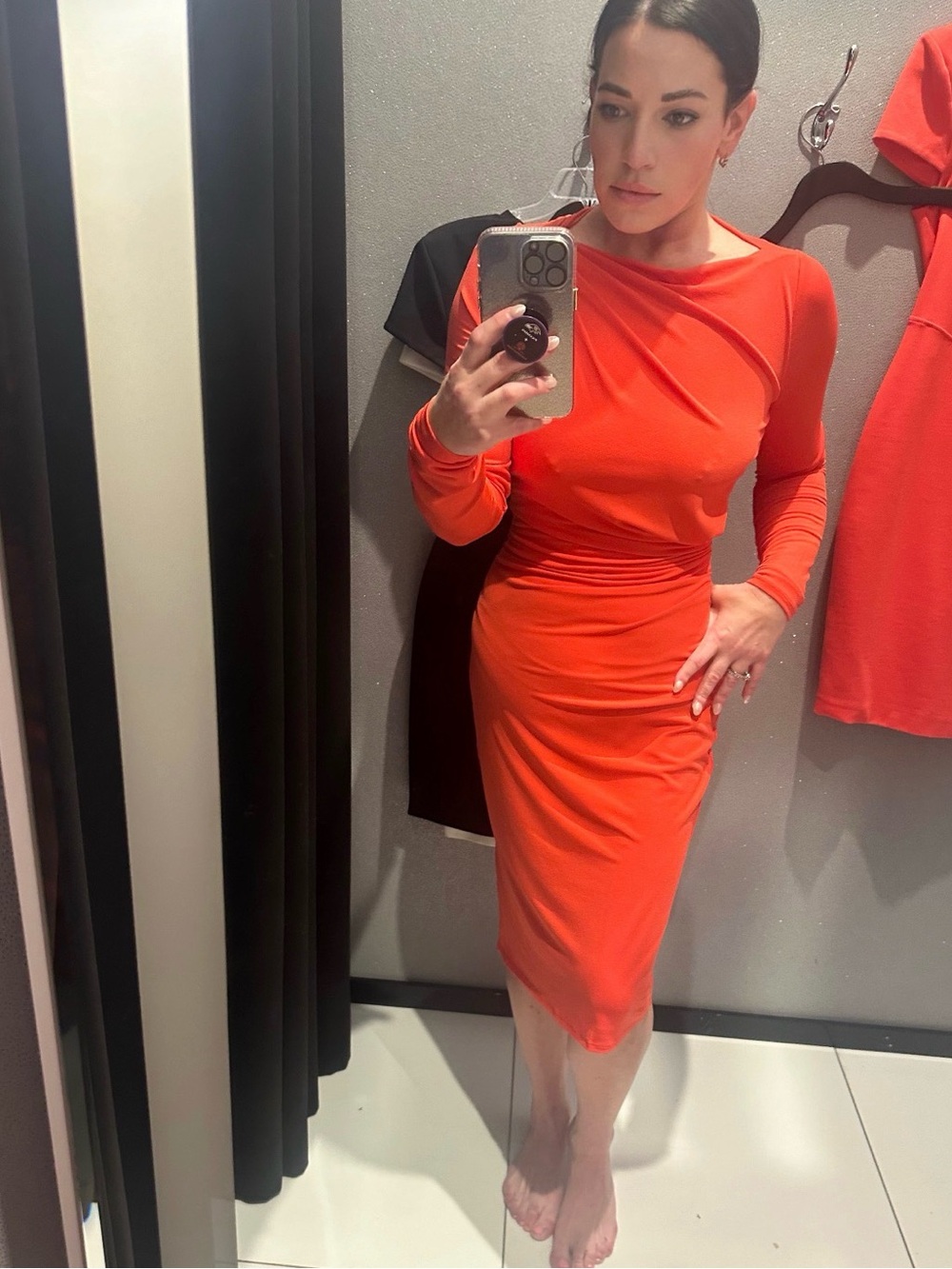 Marciano Orange Long-Sleeve Ruched Sheath Dress